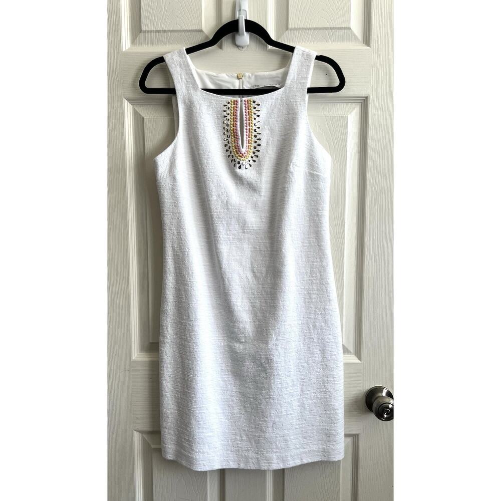 TRINA TURK White Textured Beaded Retro MOD Beachy Shift Sheath Dress Sz Small
